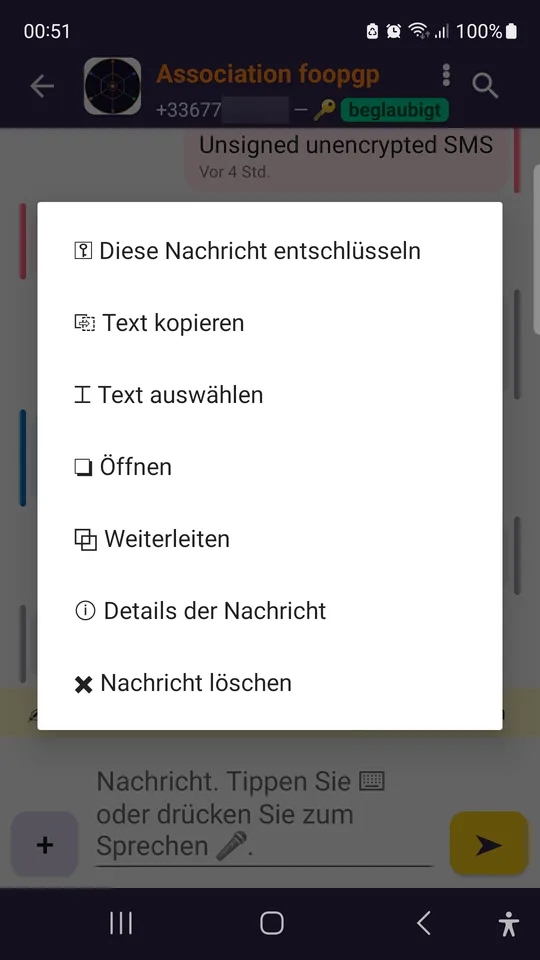 Langes Drücken auf eine verschlüsselte Nachricht.
