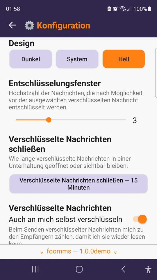 Die Einstellungen: Design, Entschlüsselungsfenster, wie lange Nachrichten offen bleiben.