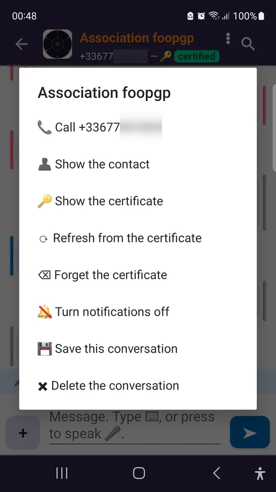 A conversation's menu: call, see the contact and their certificate.