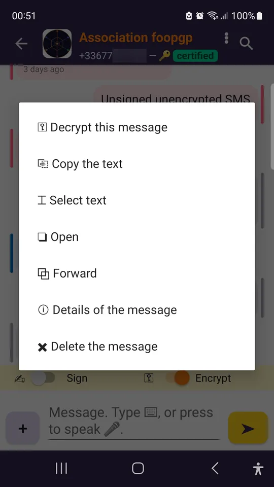 A long press on an encrypted message.