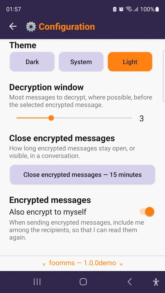 The configuration: theme, decryption window, how long messages stay open.