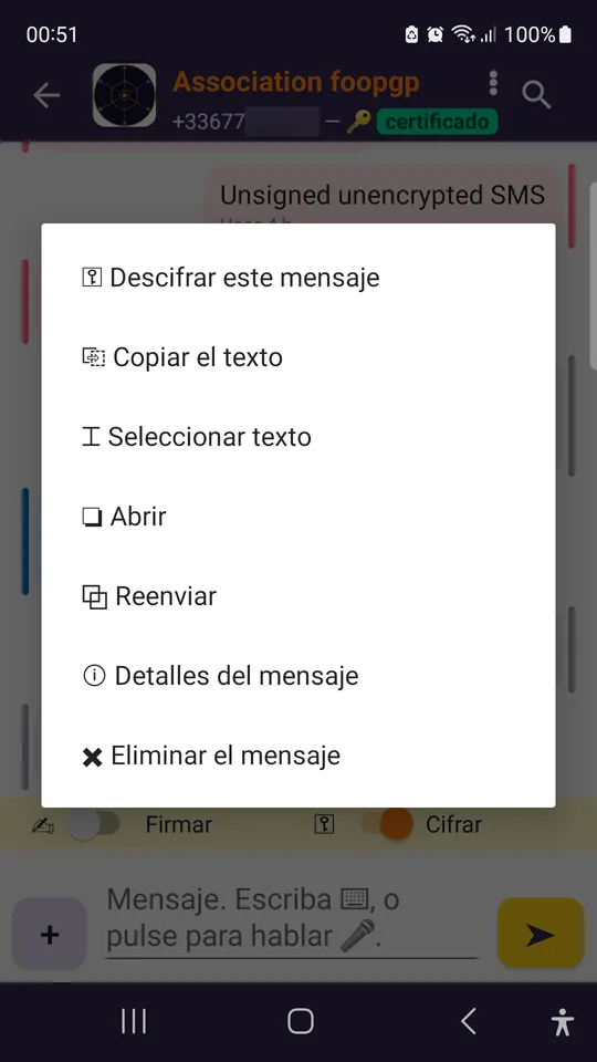 Una pulsación larga sobre un mensaje cifrado.