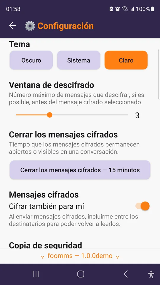 La configuración: tema, ventana de descifrado, cuánto tiempo quedan abiertos los mensajes.