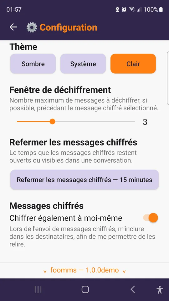 La configuration : thème, fenêtre de déchiffrement, durée d'ouverture.
