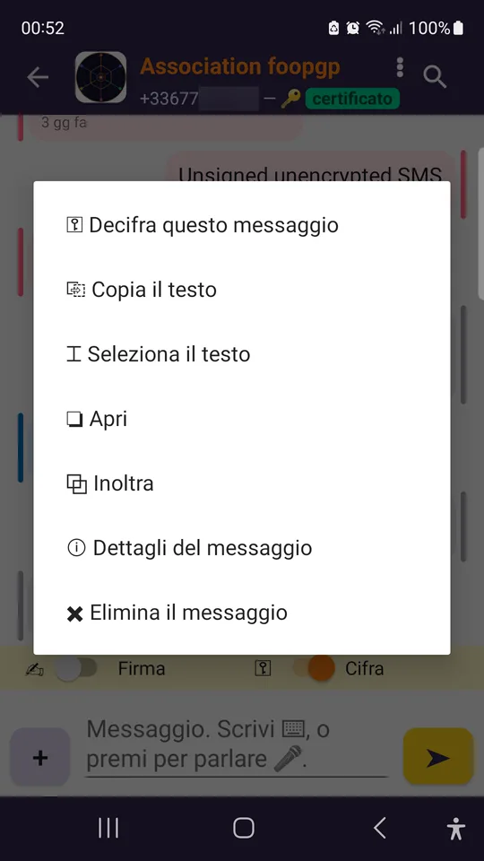 Una pressione prolungata su un messaggio cifrato.