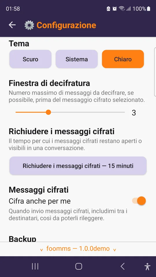 La configurazione: tema, finestra di decifratura, per quanto restano aperti i messaggi.