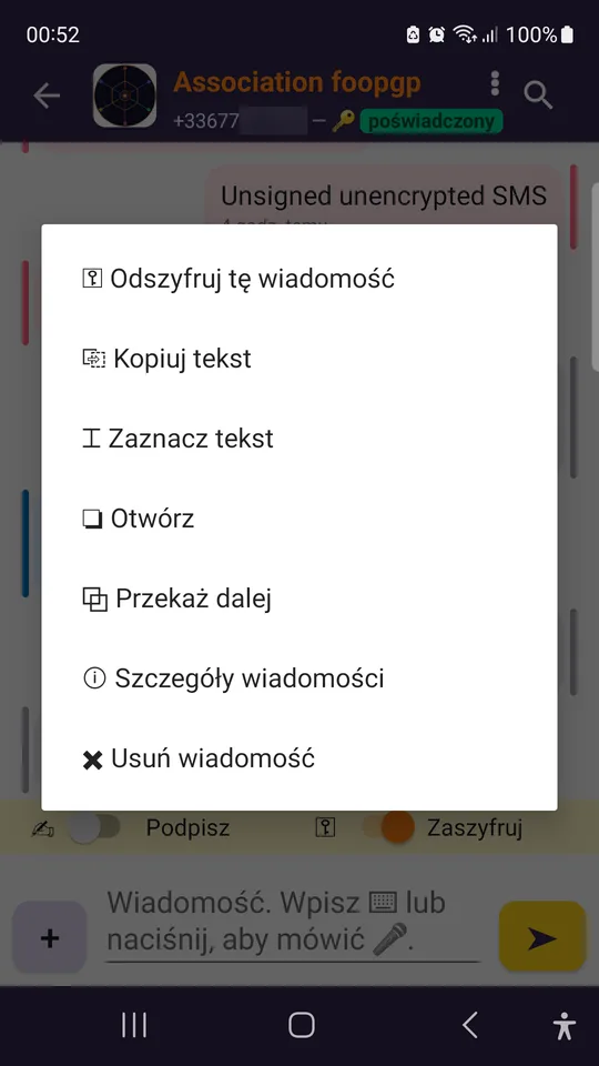 Długie przytrzymanie zaszyfrowanej wiadomości.