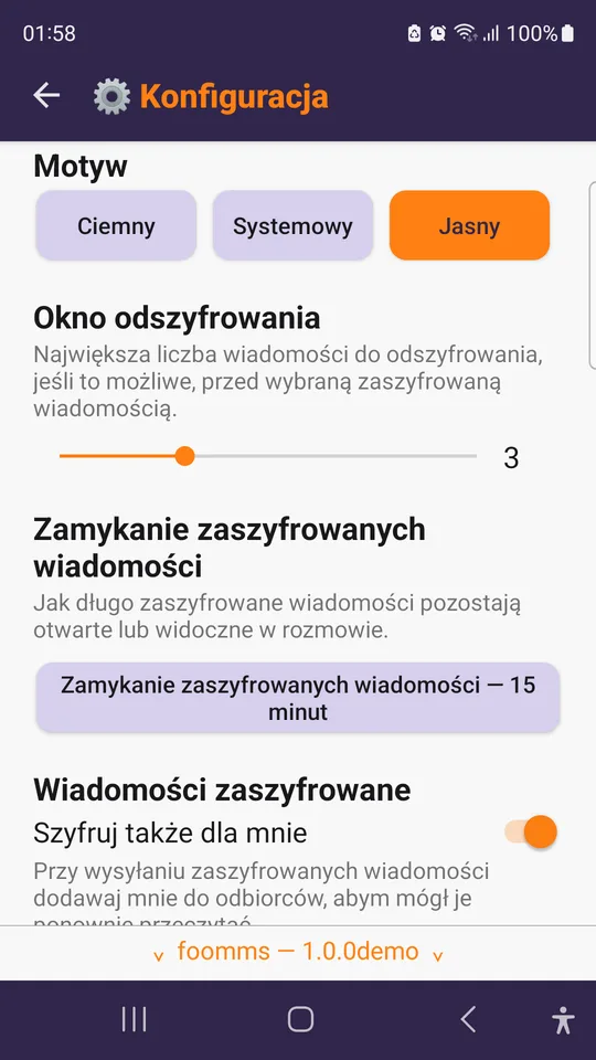 Konfiguracja: motyw, okno odszyfrowania, jak długo wiadomości pozostają otwarte.