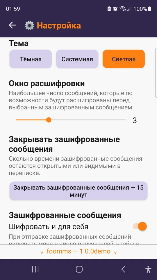 Настройки: тема, окно расшифровки, сколько сообщения остаются открытыми.