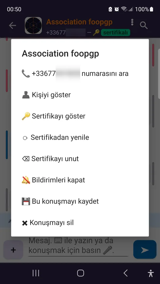 Bir konuşmanın menüsü: aramak, kişiyi ve sertifikasını görmek.