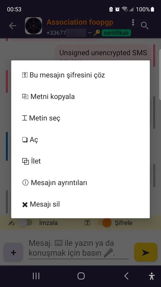 Şifreli bir mesaja uzun basış.